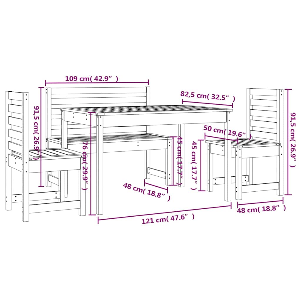 Ensemble à manger de jardin 4 pcs bois massif de pin