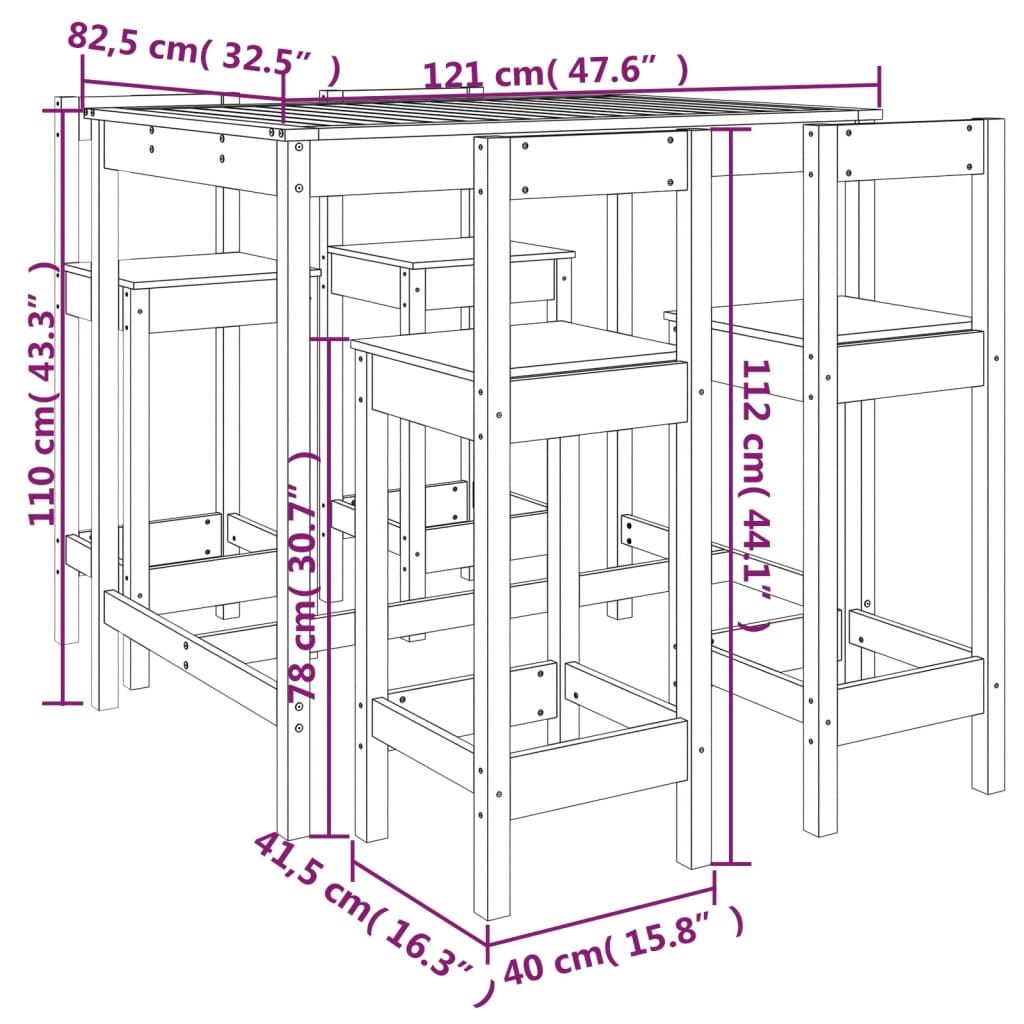 Ensemble de bar de jardin 5 pcs bois de pin massif