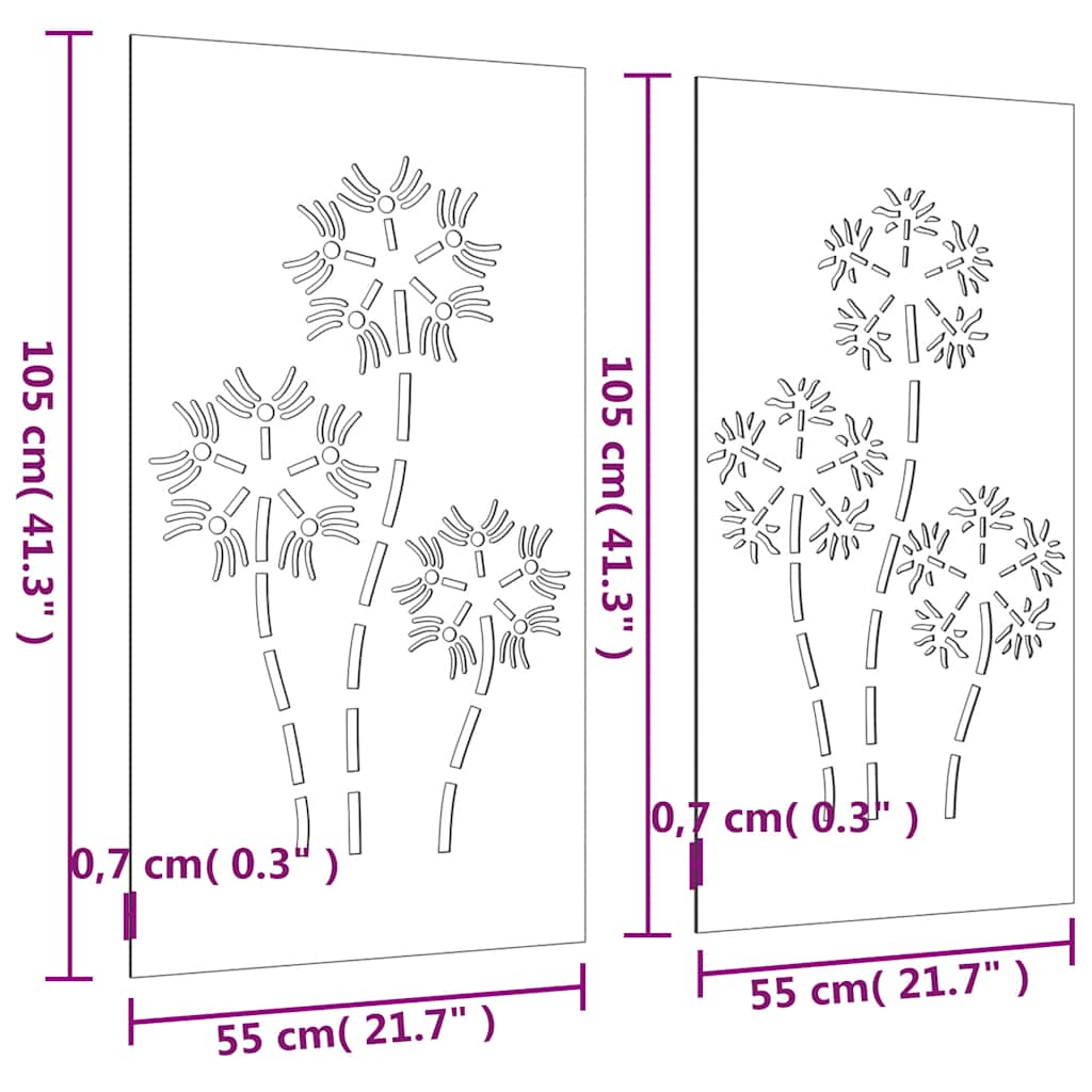 Décorations murales de jardin 2pcs 105x55 cm design de fleur
