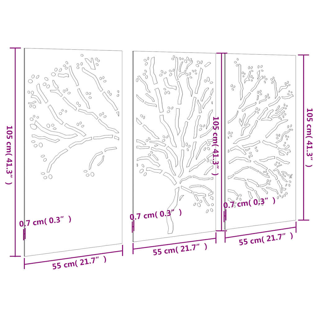 Décorations murales jardin 3 pcs 105x55 cm design d'arbre acier