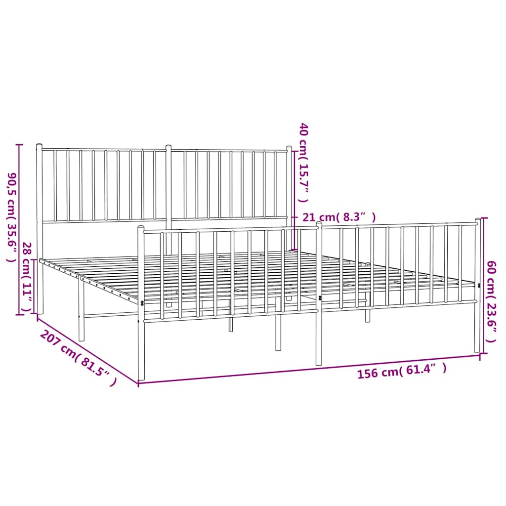 Cadre de lit métal sans matelas et pied de lit blanc 150x200 cm
