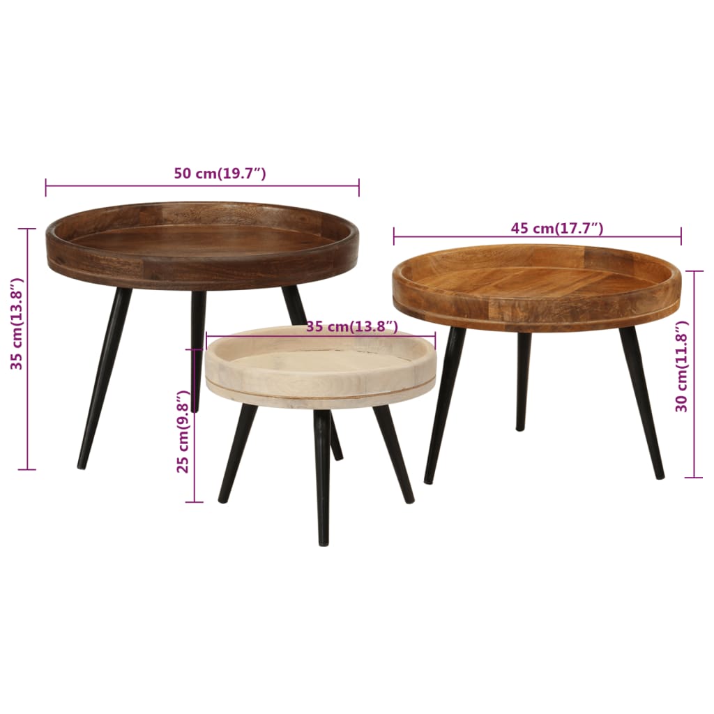Tables basses rondes 3 pcs bois de manguier massif Tables d'appoint vidaXL