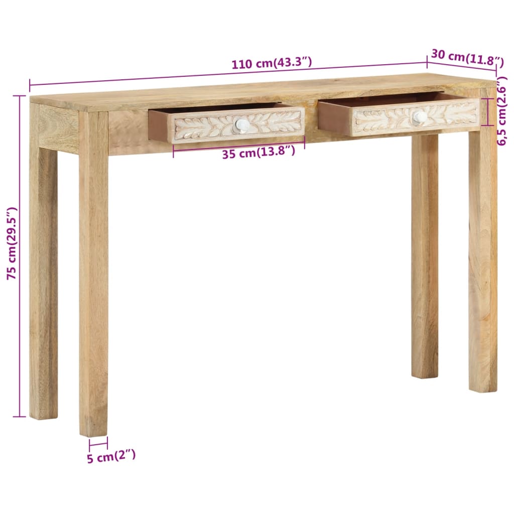 Table console 110x30x75 cm bois de manguier massif blanchi