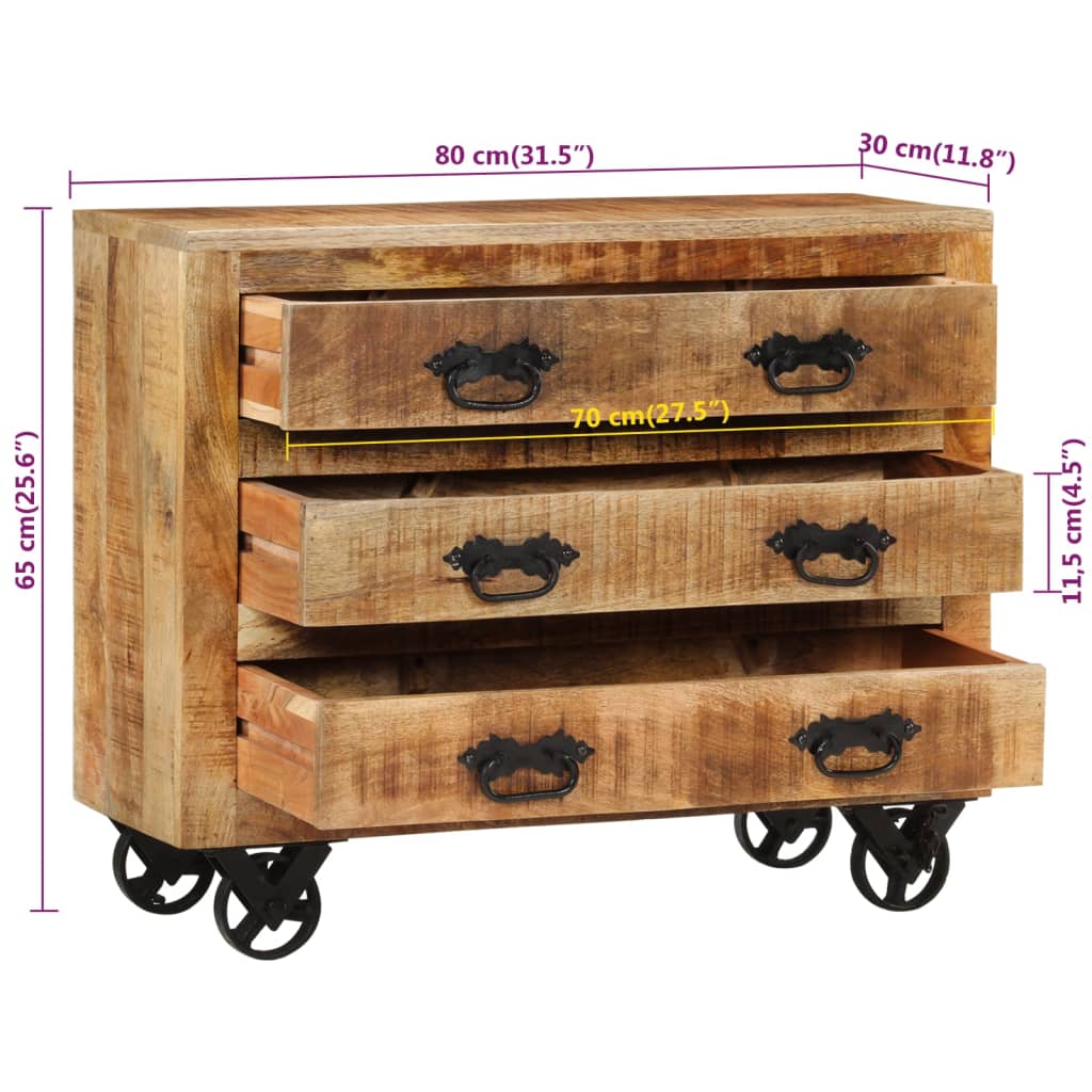 Buffet avec 3 tiroirs 80x30x65 cm bois de manguier brut massif - XIOS