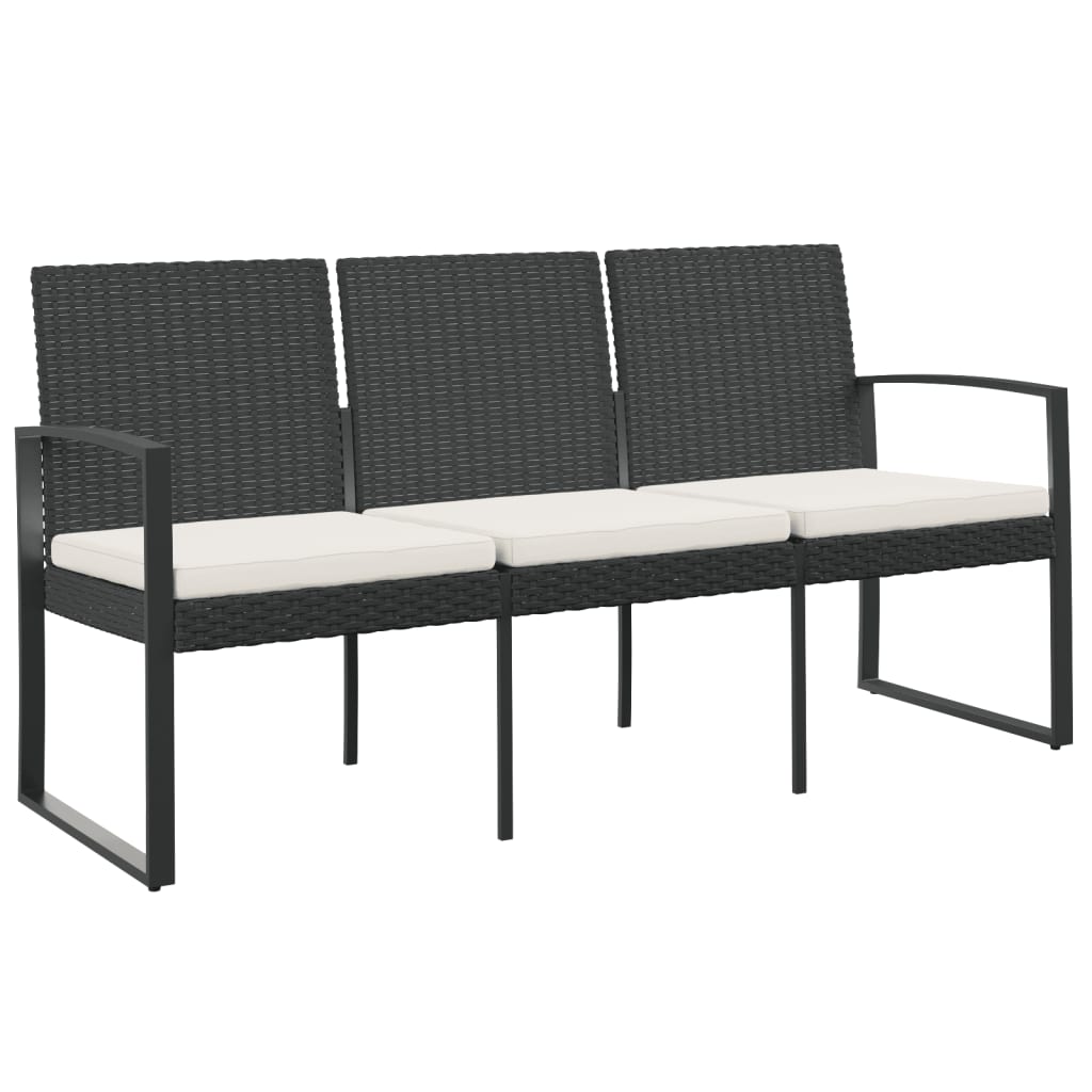 Banc de jardin à 3 places avec coussins noir rotin PP Bancs de jardin vidaXL