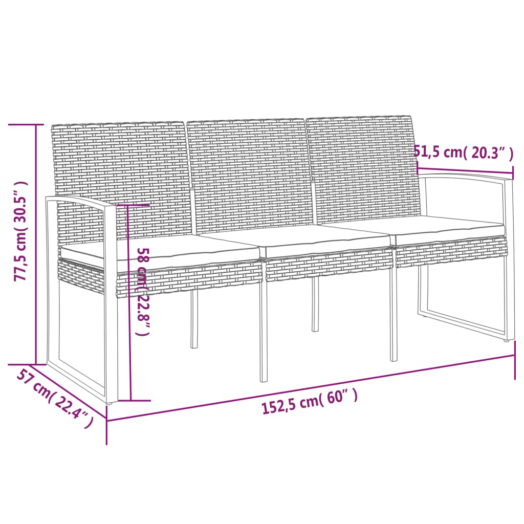 Banc de jardin à 3 places avec coussins noir rotin PP Bancs de jardin vidaXL