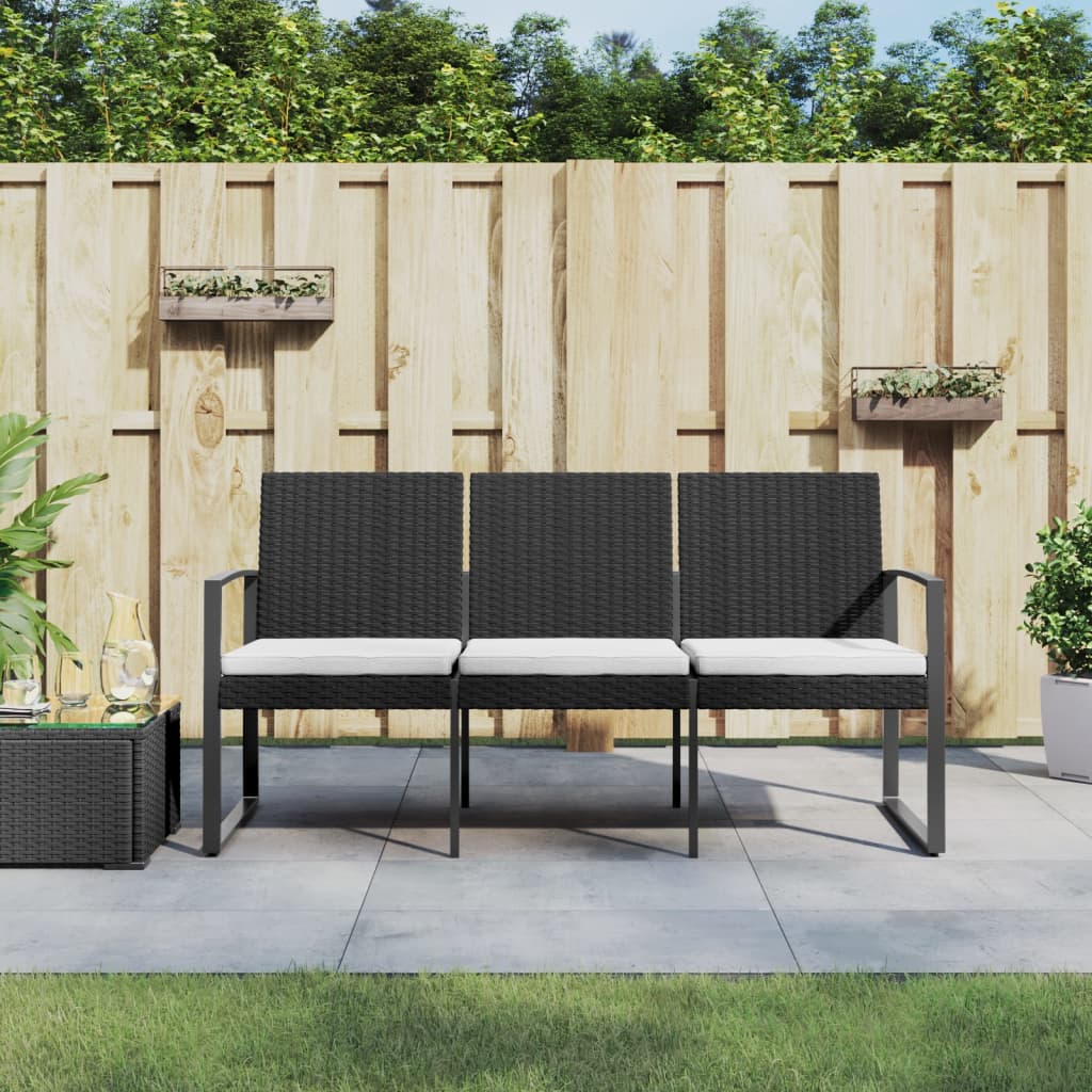 Banc de jardin à 3 places avec coussins noir rotin PP Bancs de jardin vidaXL