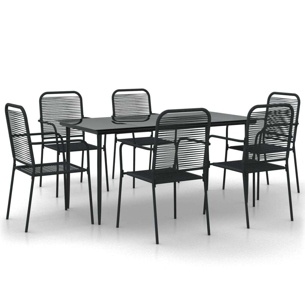 Ensemble à manger de jardin 7 pcs Noir Corde de coton et acier