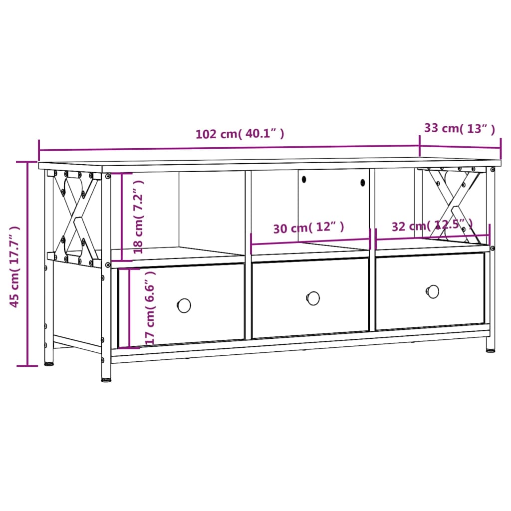Meuble TV chêne fumé 102x33x45 cm bois d'ingénierie et fer - XIOS