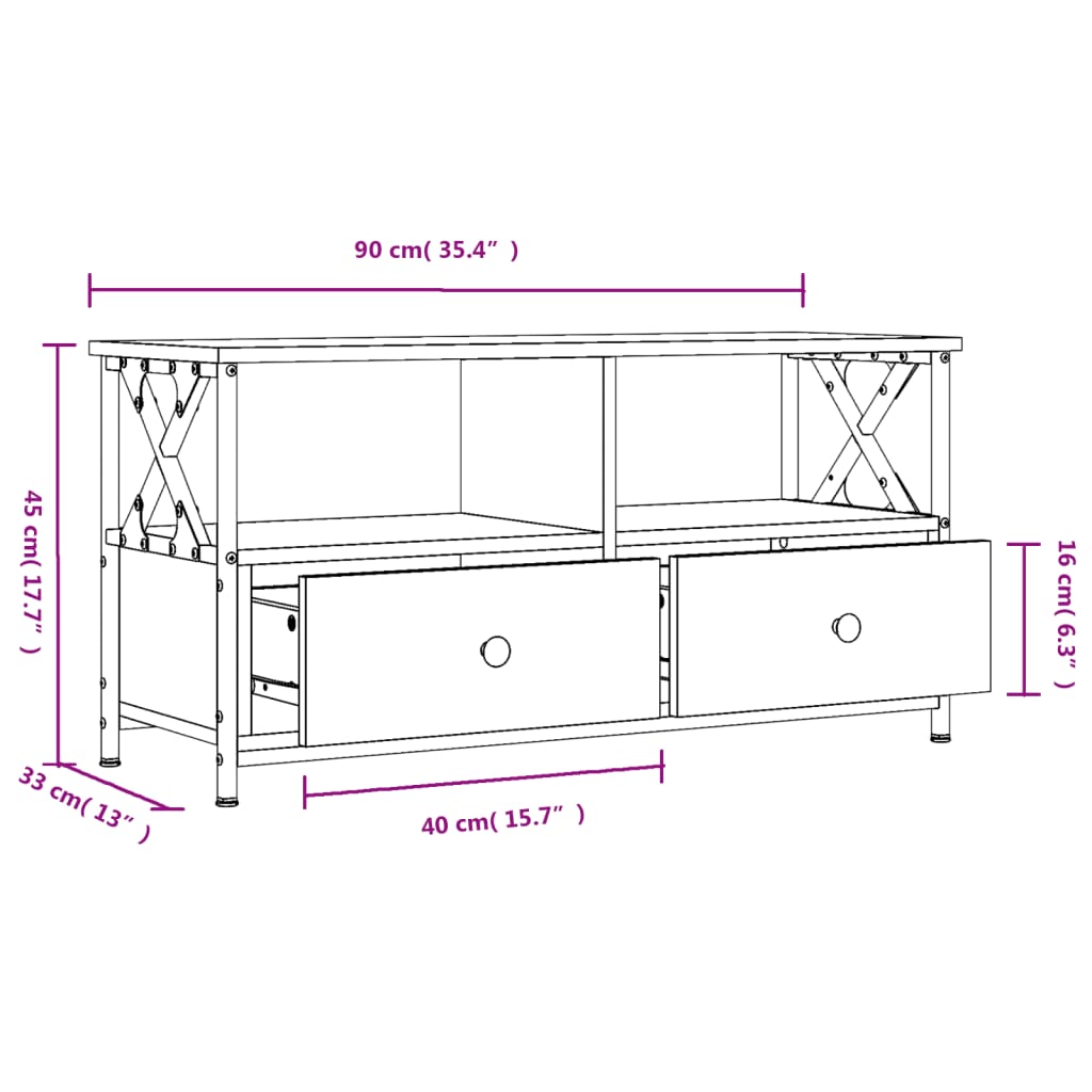 Meuble TV chêne sonoma 90x33x45 cm bois d'ingénierie et fer - XIOS