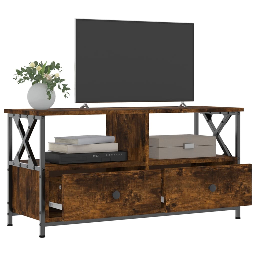 Meuble TV chêne fumé 90x33x45 cm bois d'ingénierie et fer - XIOS