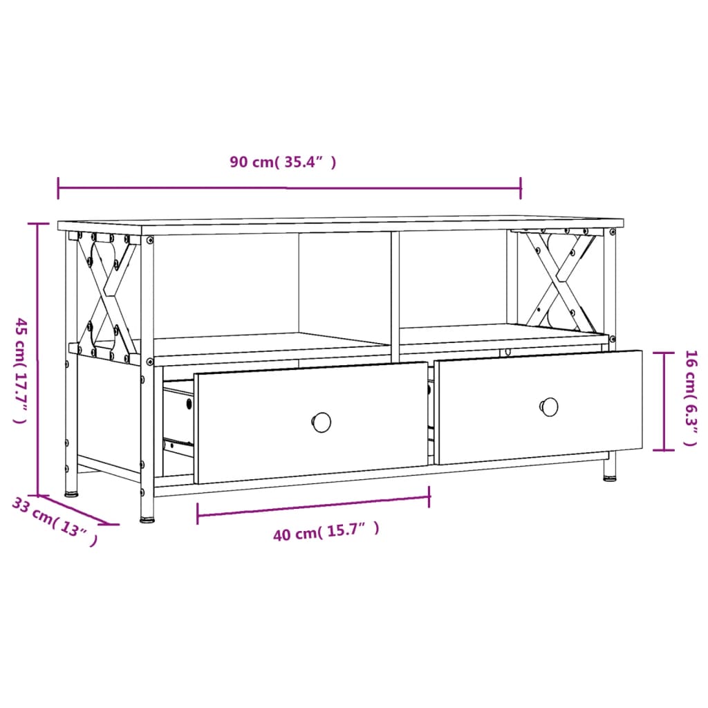 Meuble TV chêne fumé 90x33x45 cm bois d'ingénierie et fer - XIOS