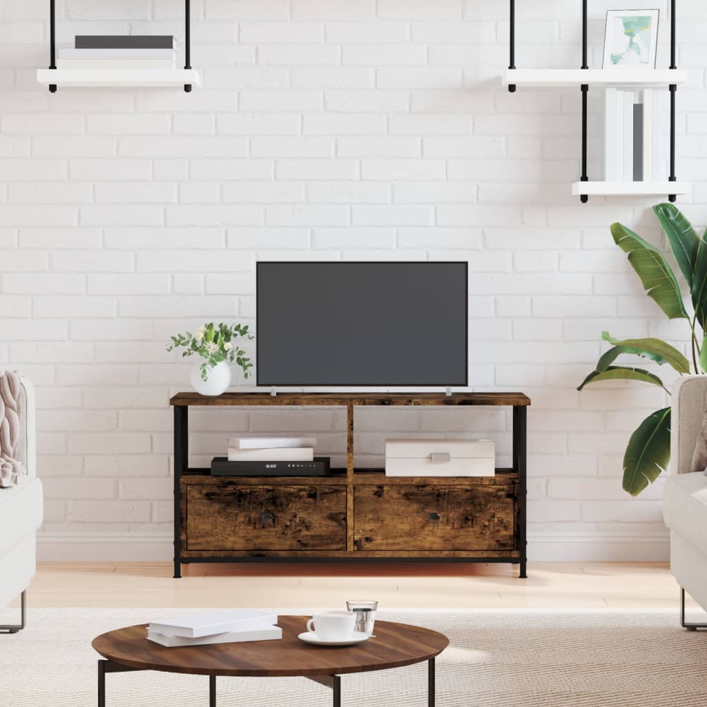 Meuble TV chêne fumé 90x33x45 cm bois d'ingénierie et fer - XIOS