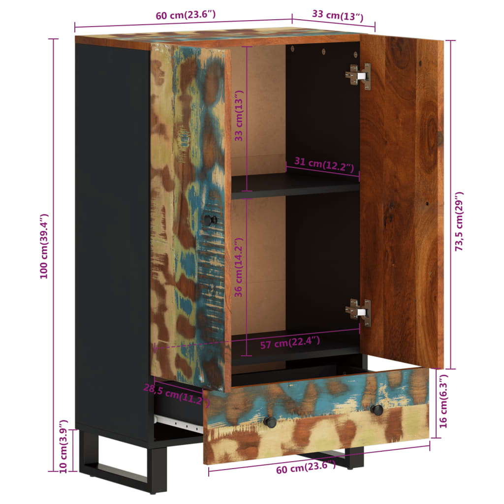 Buffet haut et tiroir 60x33x100 cm bois massif récupération/fer - XIOS