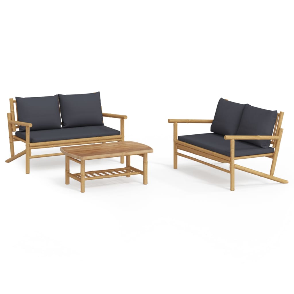 Salon de jardin 3 pcs avec coussins gris foncé bambou