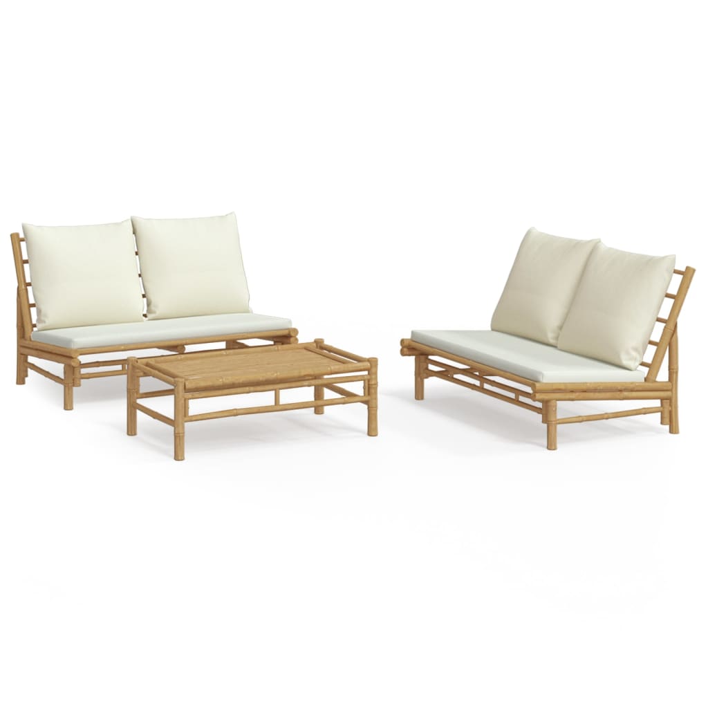 Salon de jardin 3 pcs avec coussins blanc crème bambou