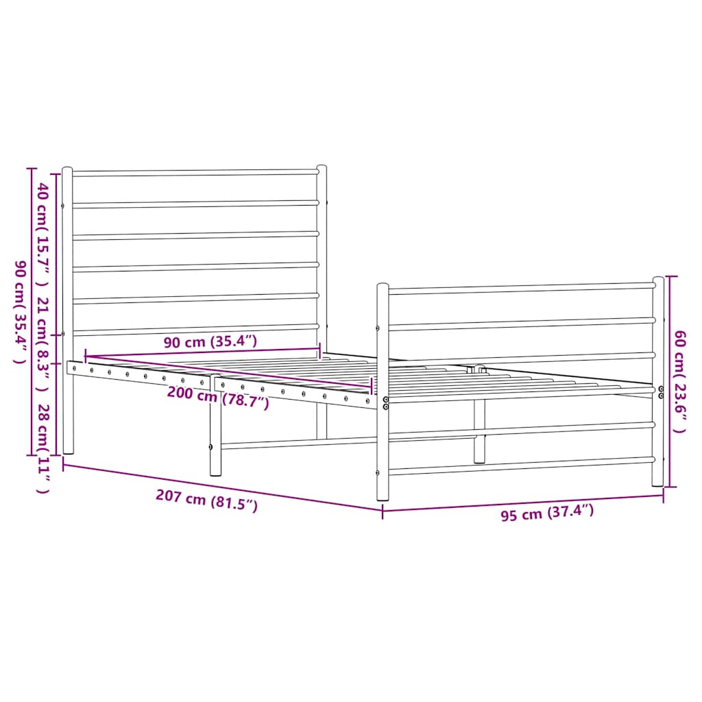 Cadre de lit métal sans matelas avec pied de lit noir 90x200 cm - XIOS