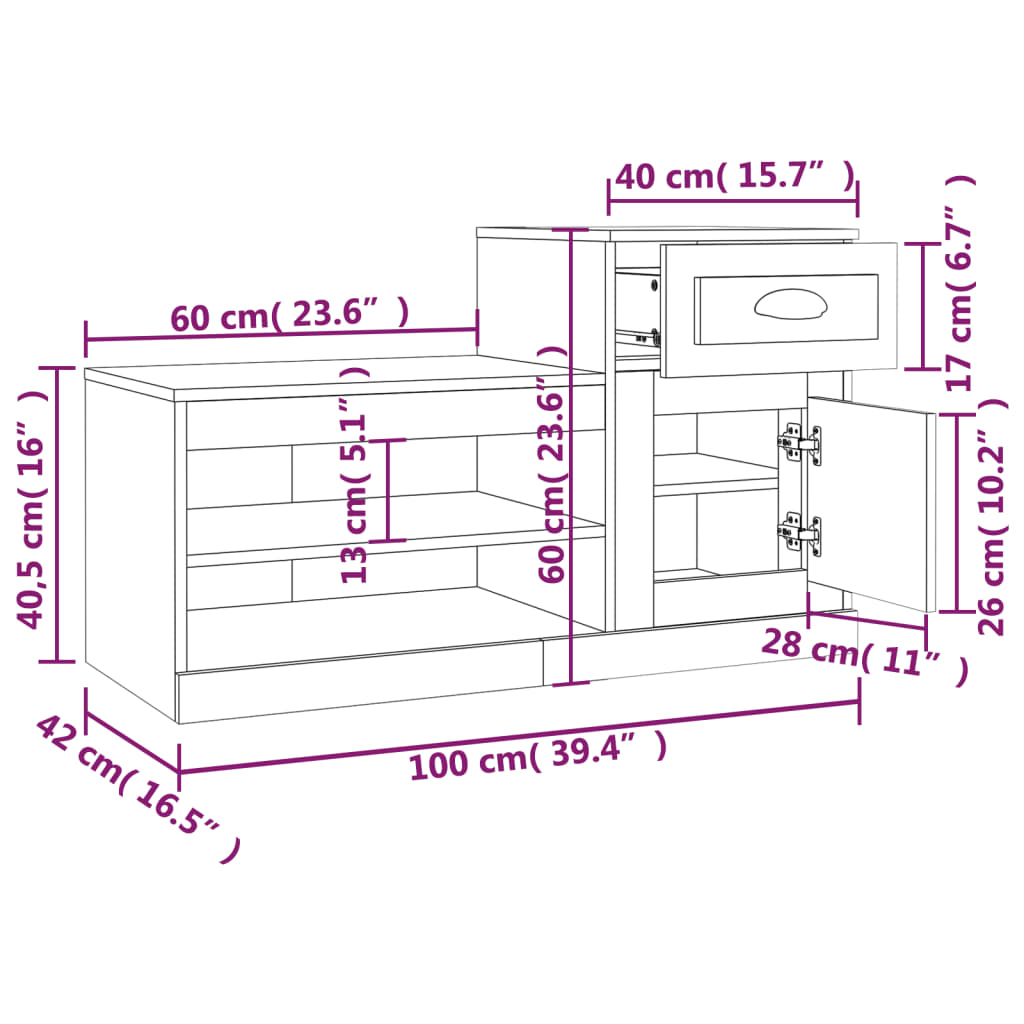 Armoire à chaussures chêne fumé 100x42x60 cm bois d'ingénierie - XIOS