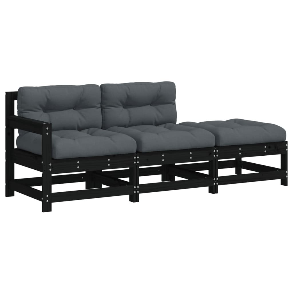 Salon de jardin 3 pcs avec coussins noir bois massif Éléments pour canapés modulables de jardin vidaXL