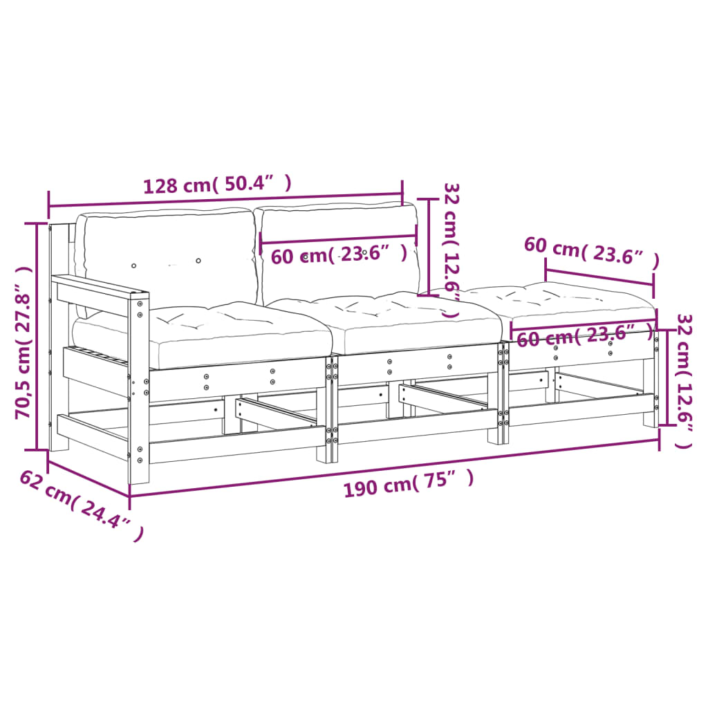 Salon de jardin 3 pcs avec coussins noir bois massif Éléments pour canapés modulables de jardin vidaXL