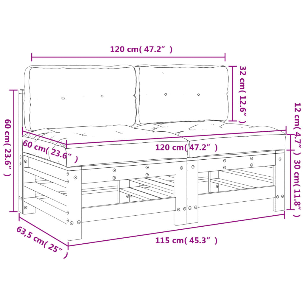 Canapés centraux avec coussins 2 pcs blanc bois de pin massif Éléments pour canapés modulables de jardin vidaXL
