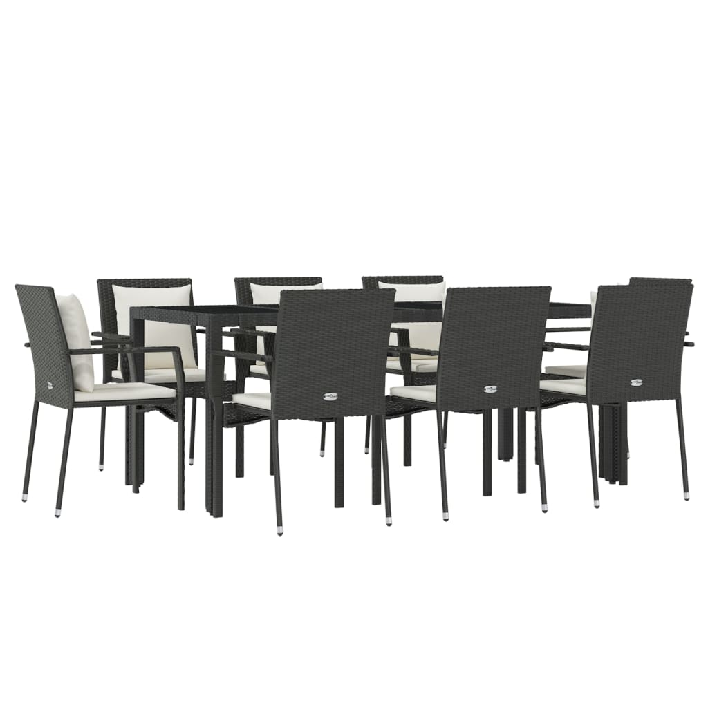 Ensemble à manger jardin 9pcs et coussins noir résine tressée