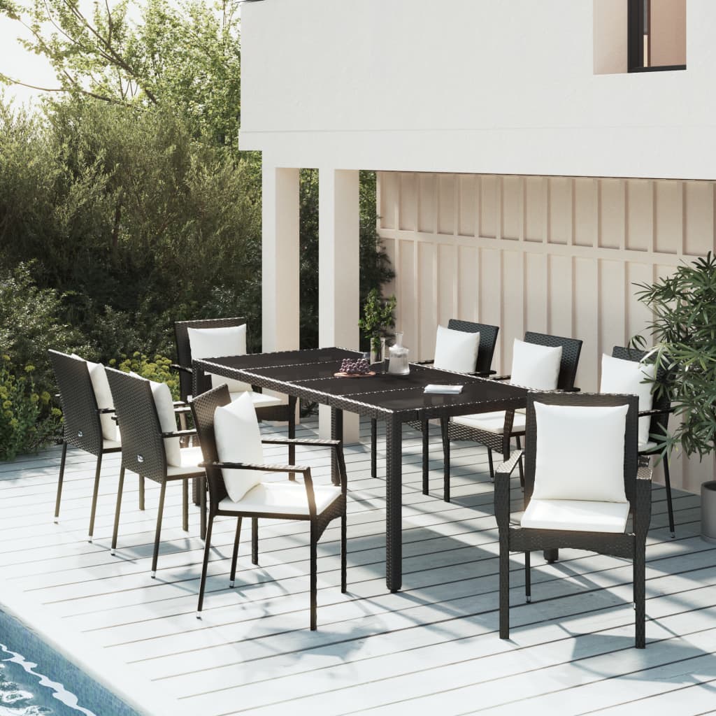 Ensemble à manger jardin 9pcs et coussins noir résine tressée