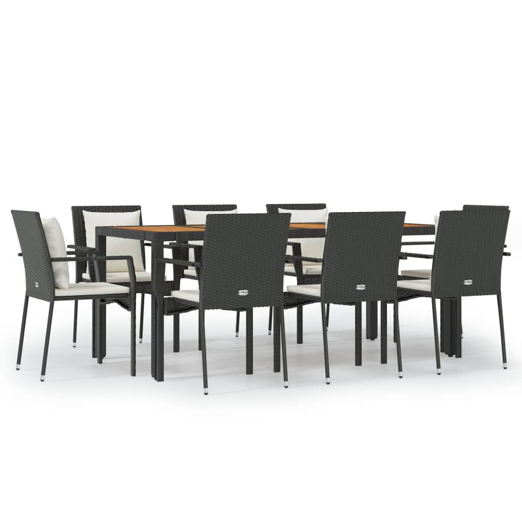 Ensemble à manger jardin 9pcs et coussins noir résine tressée