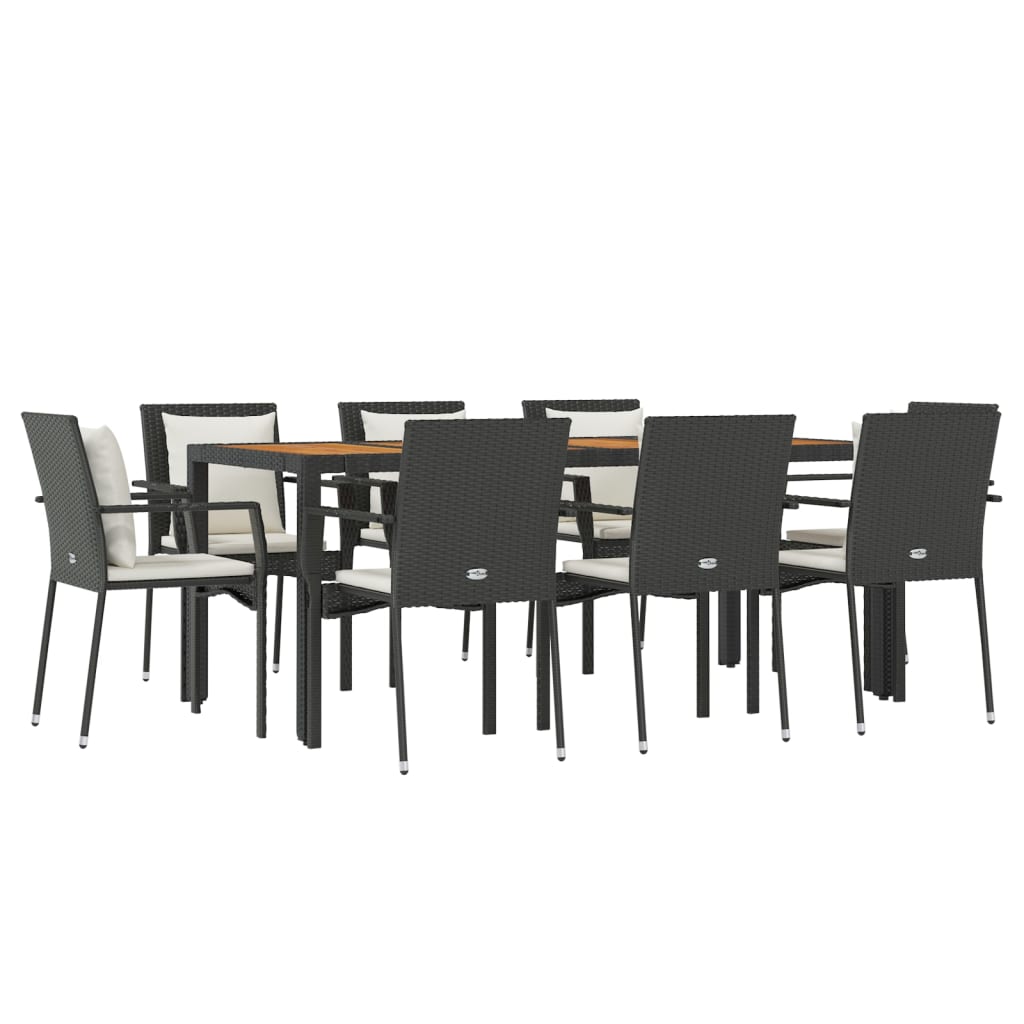Ensemble à manger jardin 9pcs et coussins noir résine tressée