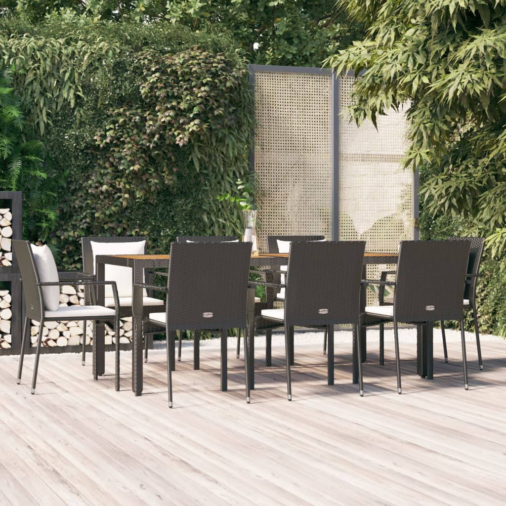 Ensemble à manger jardin 9pcs et coussins noir résine tressée