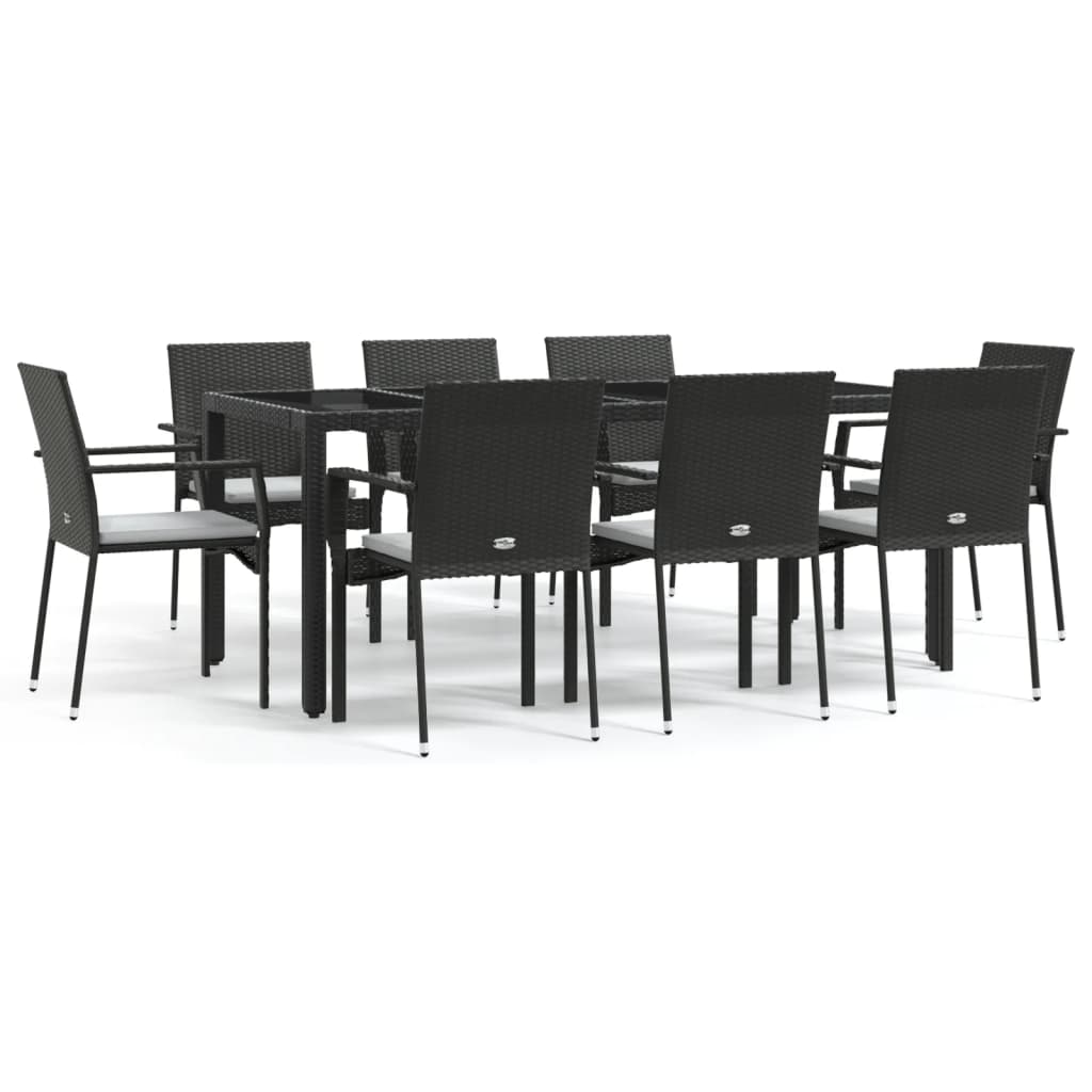 Ensemble à manger jardin 9pcs et coussins noir résine tressée