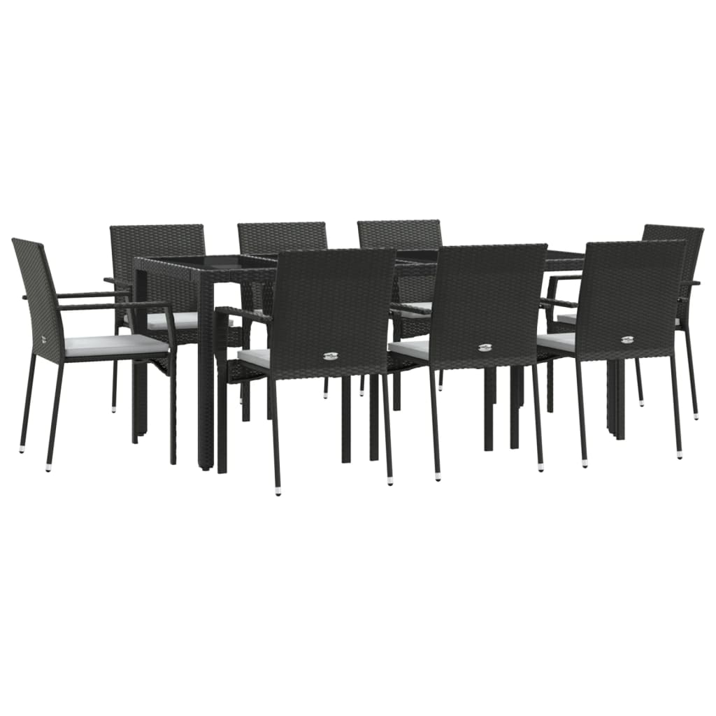 Ensemble à manger jardin 9pcs et coussins noir résine tressée