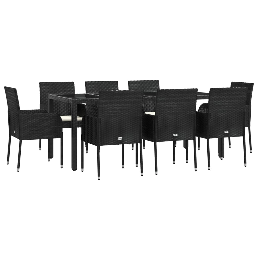 Ensemble à manger jardin 9pcs et coussins noir résine tressée