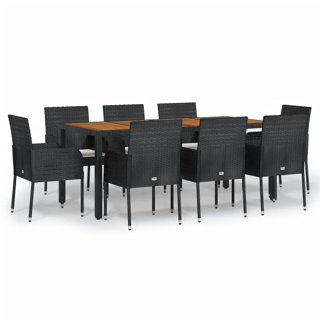 Ensemble à manger jardin 9pcs et coussins noir résine tressée
