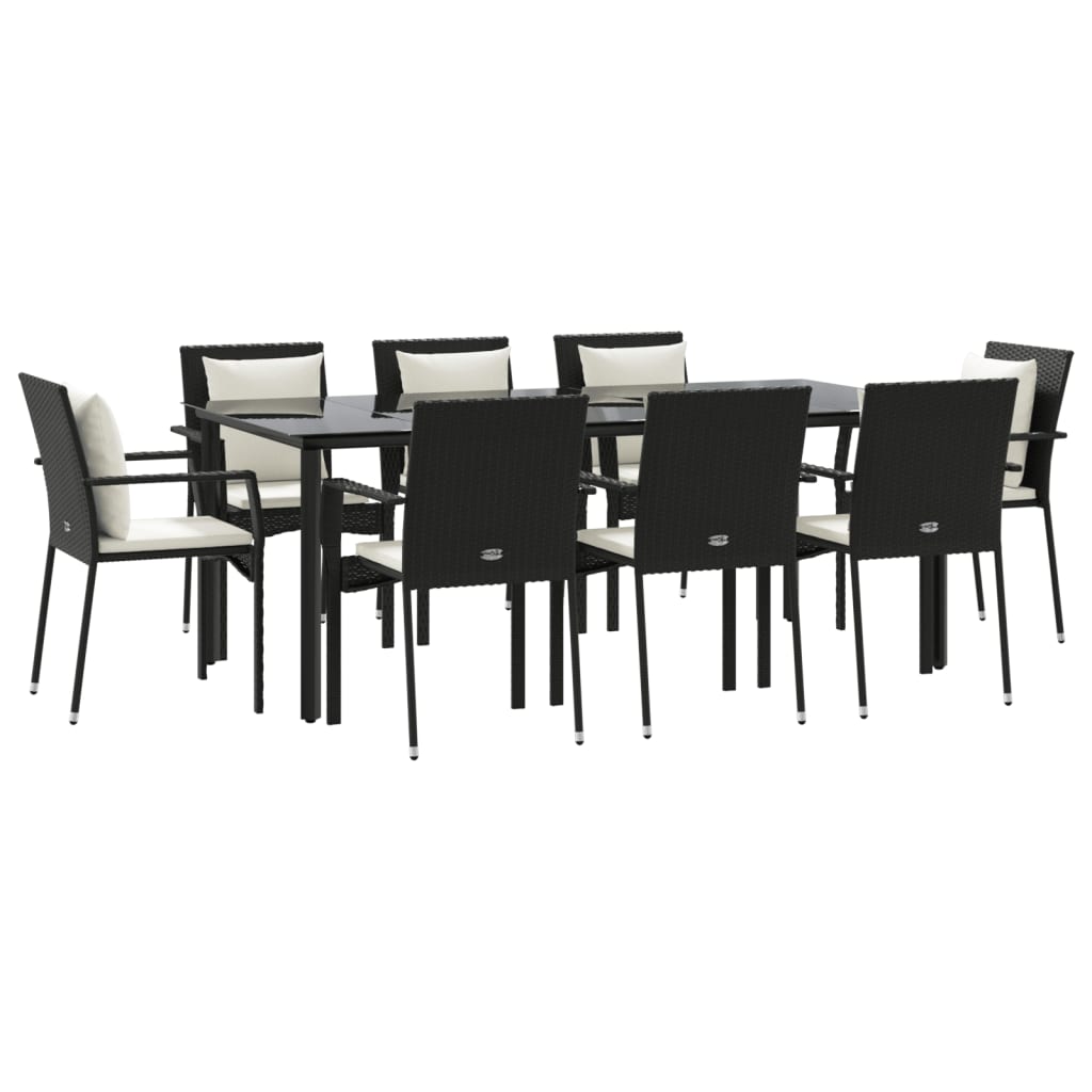 Ensemble à manger jardin 9pcs et coussins noir résine tressée
