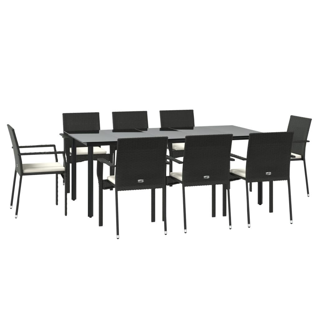 Ensemble à manger jardin 9pcs et coussins noir résine tressée