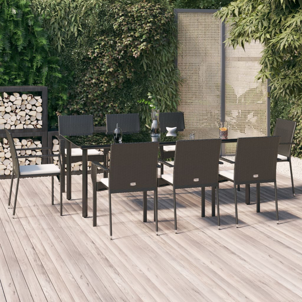 Ensemble à manger jardin 9pcs et coussins noir résine tressée