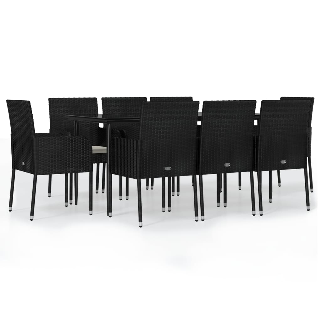 Ensemble à manger jardin 9pcs et coussins noir résine tressée