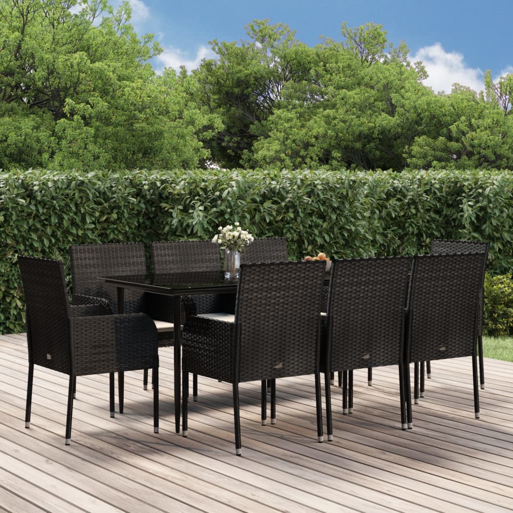 Ensemble à manger jardin 9pcs et coussins noir résine tressée