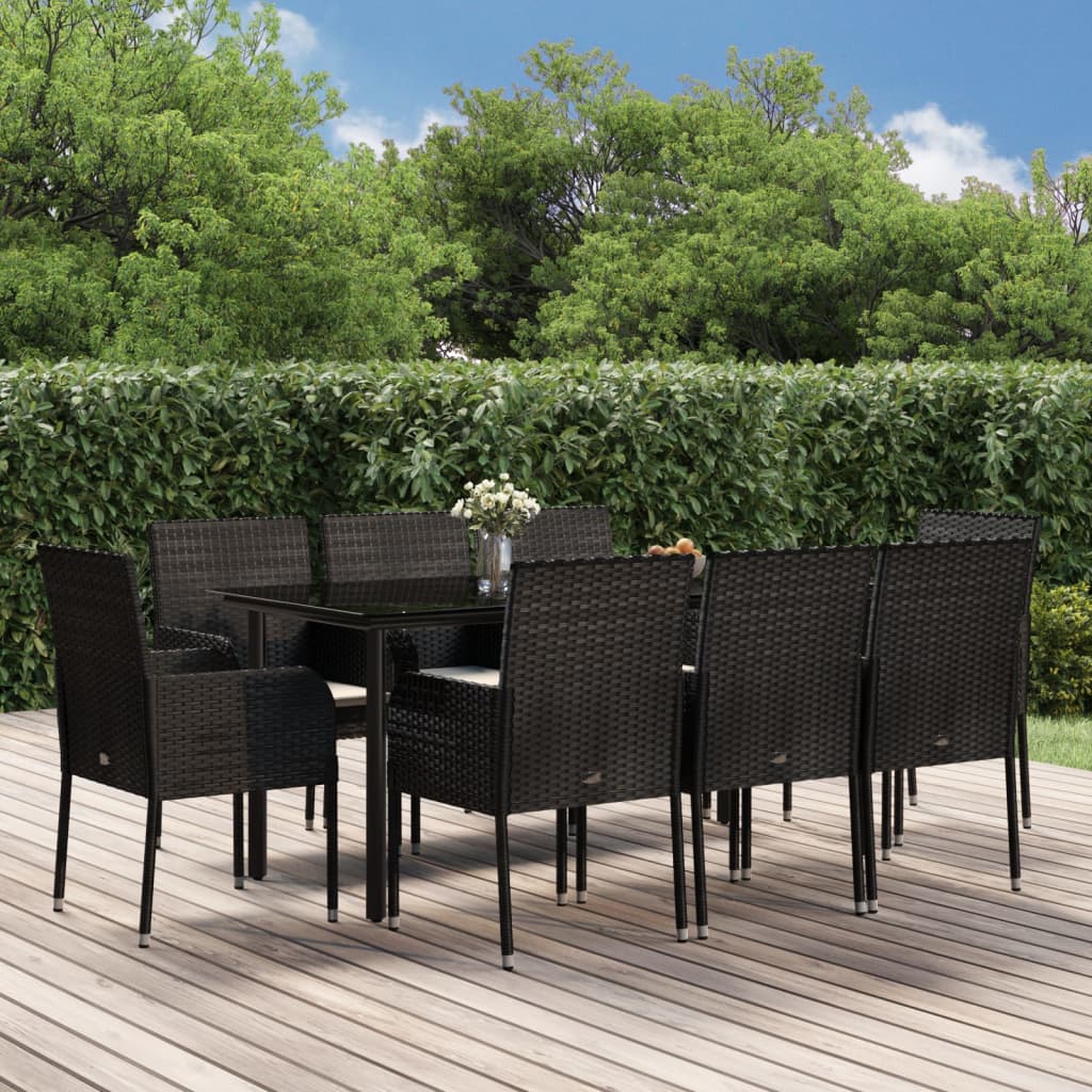 Ensemble à manger jardin 9pcs et coussins noir résine tressée