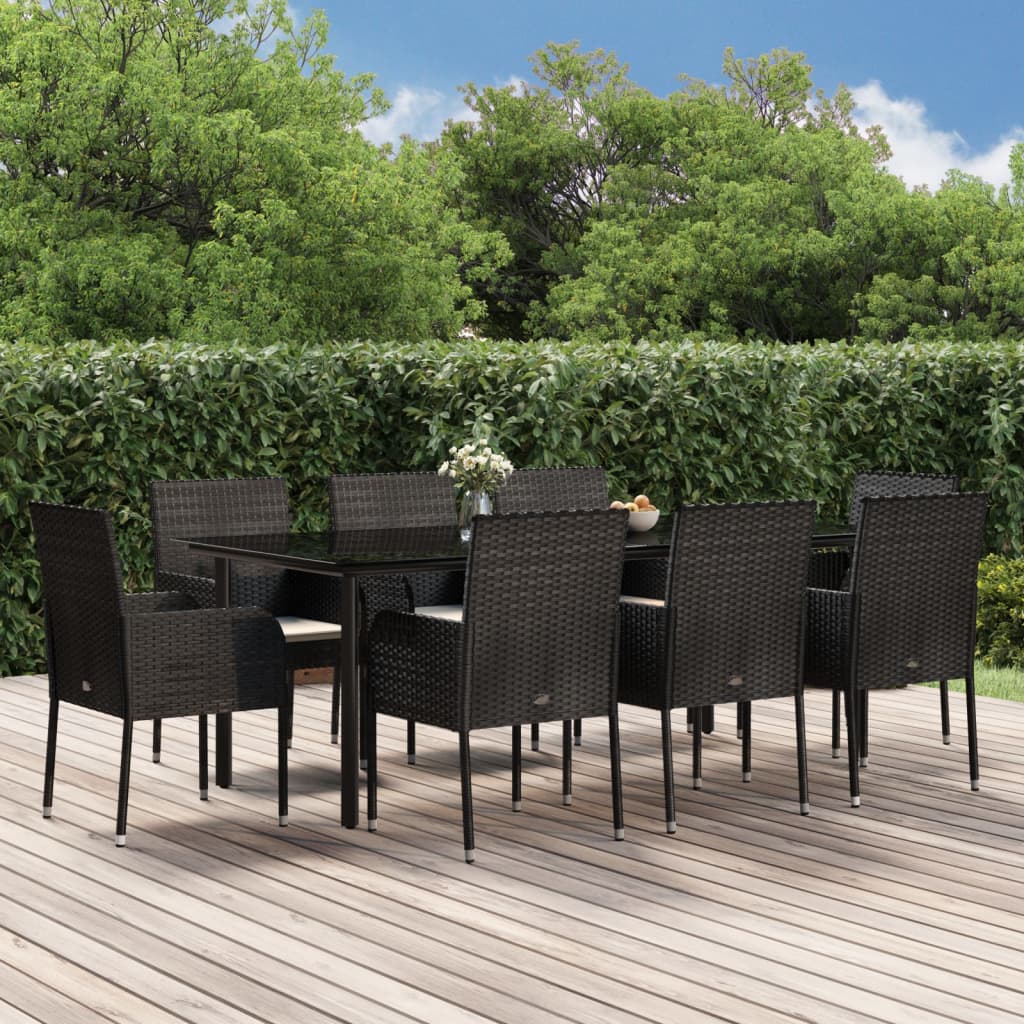 Ensemble à manger jardin 9pcs et coussins noir résine tressée