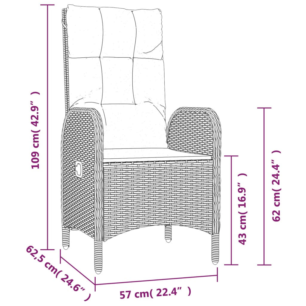 Ensemble à manger jardin 3pcs avec coussins noir et gris