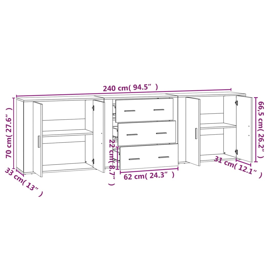 Buffets 3 pcs gris béton bois d'ingénierie - XIOS