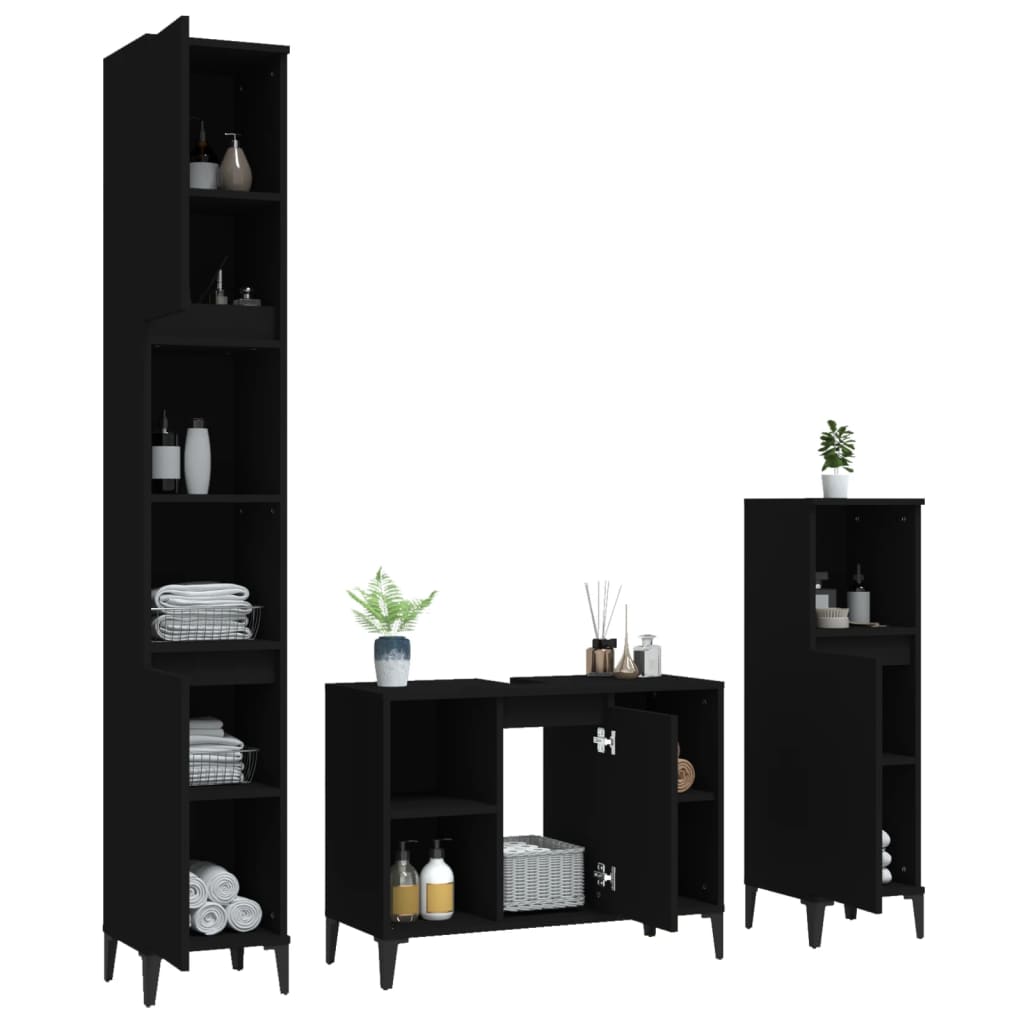 Ensemble de meubles salle de bain 3 pcs noir bois d'ingénierie Ensembles de mobilier pour salles de bains vidaXL