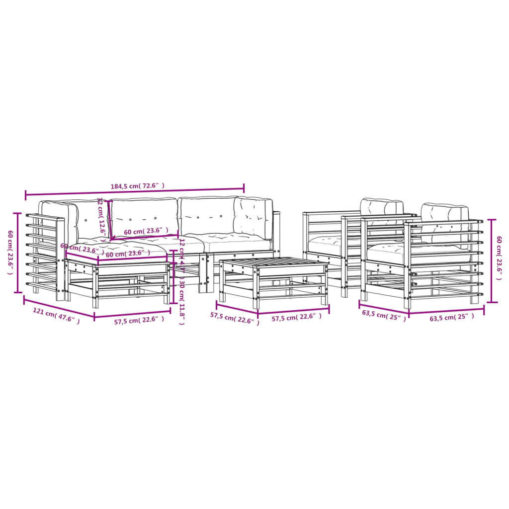 Salon de jardin 7 pcs avec coussins blanc bois massif