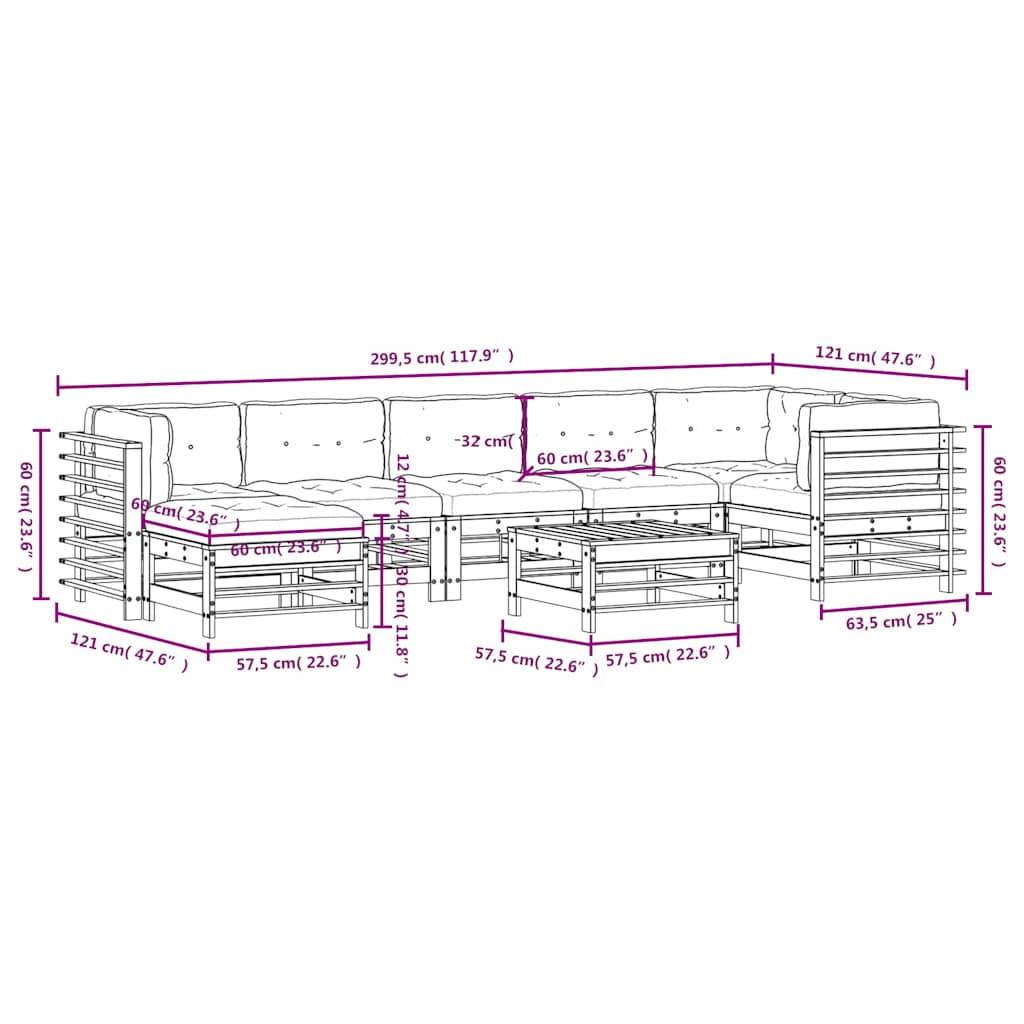 Salon de jardin 8 pcs avec coussins gris bois massif