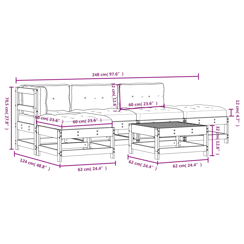 Salon de jardin 6 pcs avec coussins blanc bois massif