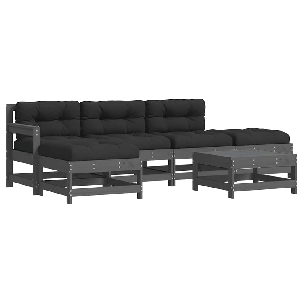 Salon de jardin 6 pcs avec coussins gris bois massif