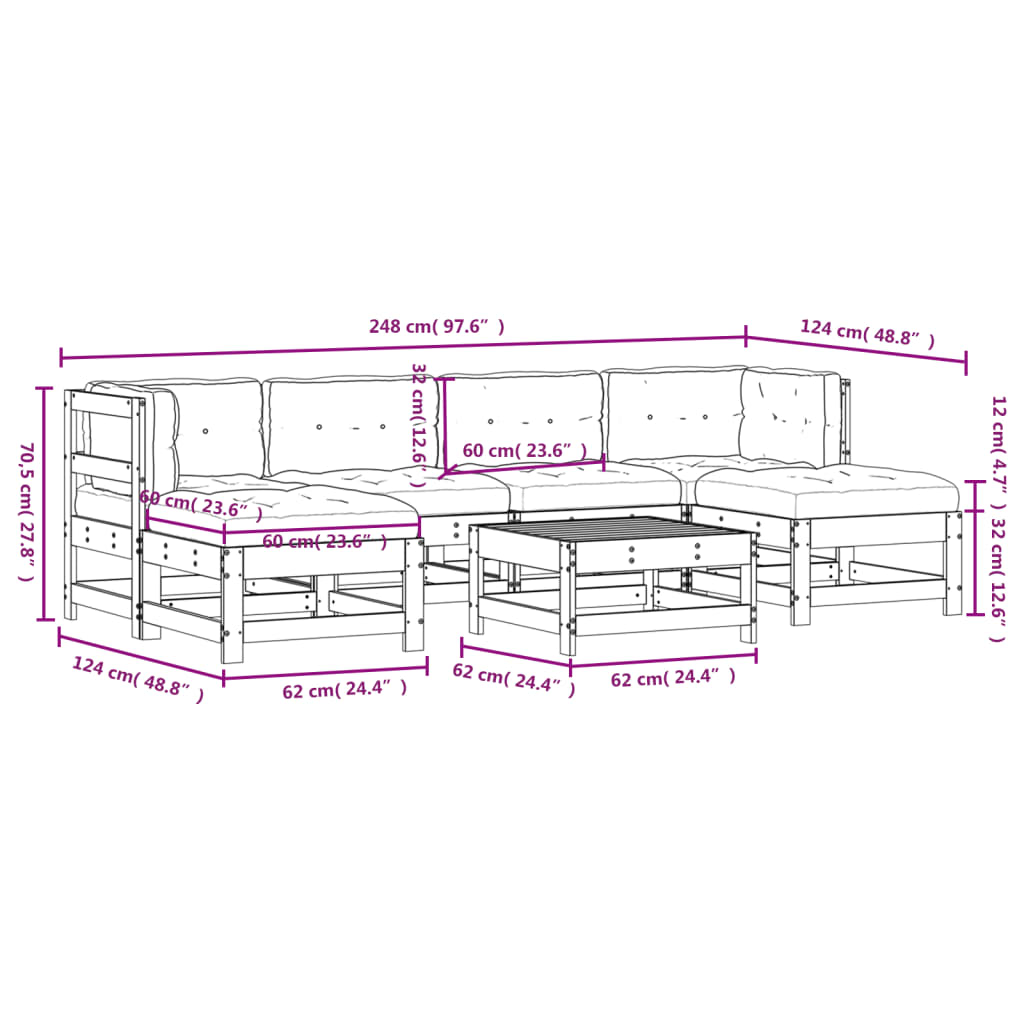 Salon de jardin 7 pcs avec coussins blanc bois massif