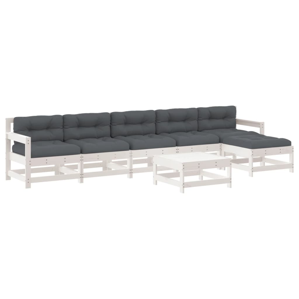Salon de jardin 7 pcs avec coussins blanc bois massif